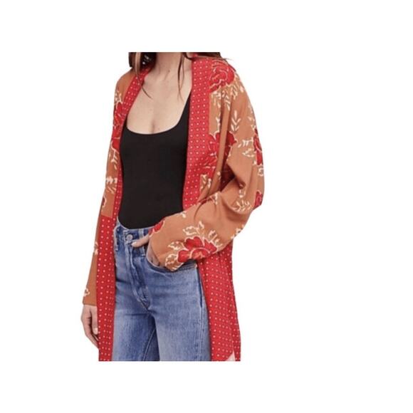 Free people forget me not kimono cardigan size small red floral brunch cover up - Picture 1 of 11